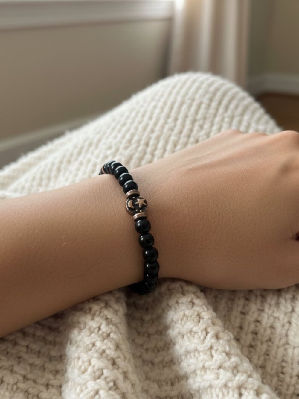 Celestial Black Onyx Beaded Stretch Bracelet - Moon & Star Accents